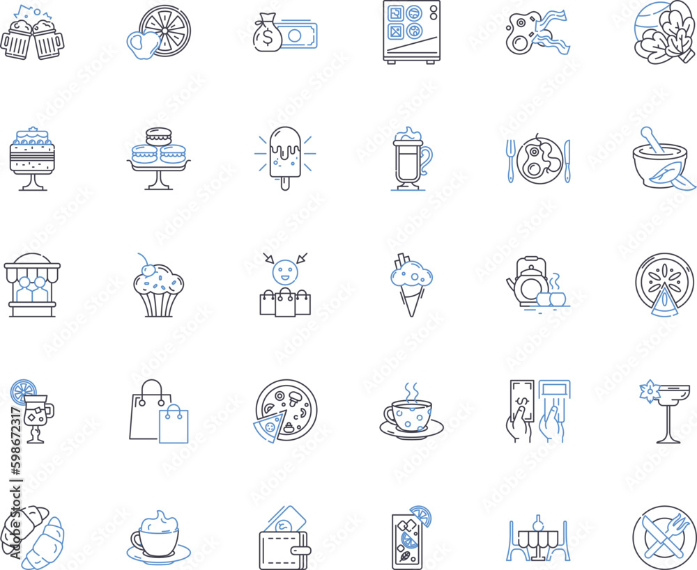 Restaurant line icons collection. Ambiance, Menu, Cuisine, Hospitality, Beverages, Dining, Service vector and linear illustration. Cocktails,Entrees,Appetizers outline signs set Generative AI