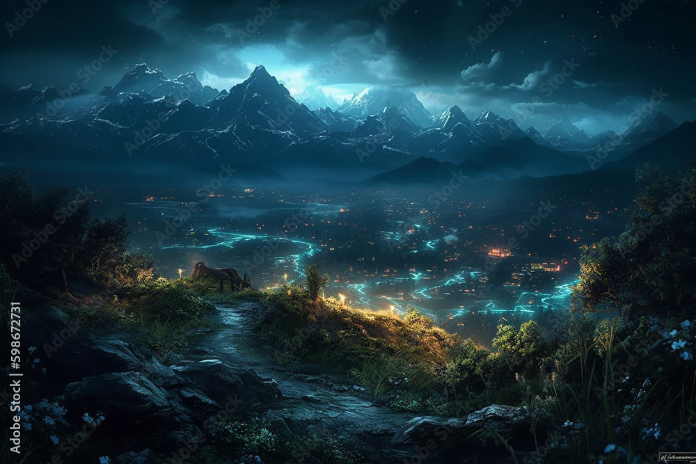 Night landscape,  storm over french alps, glowing bioluminescent ponds.