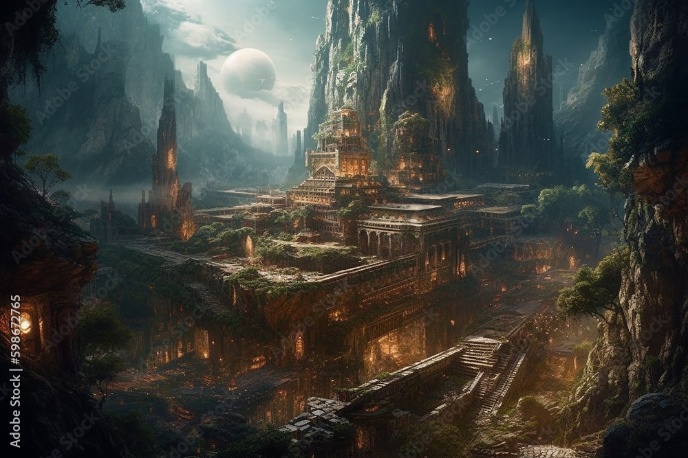 Ancient alien war city in valley.