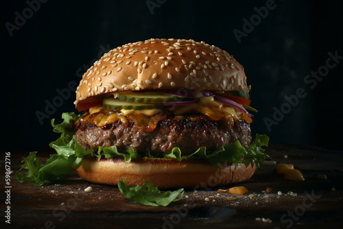 Most delicious huge burger, dark background.