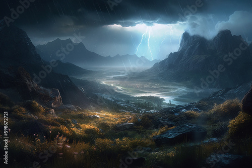 Night landscape, storm over french alps, glowing bioluminescent ponds.