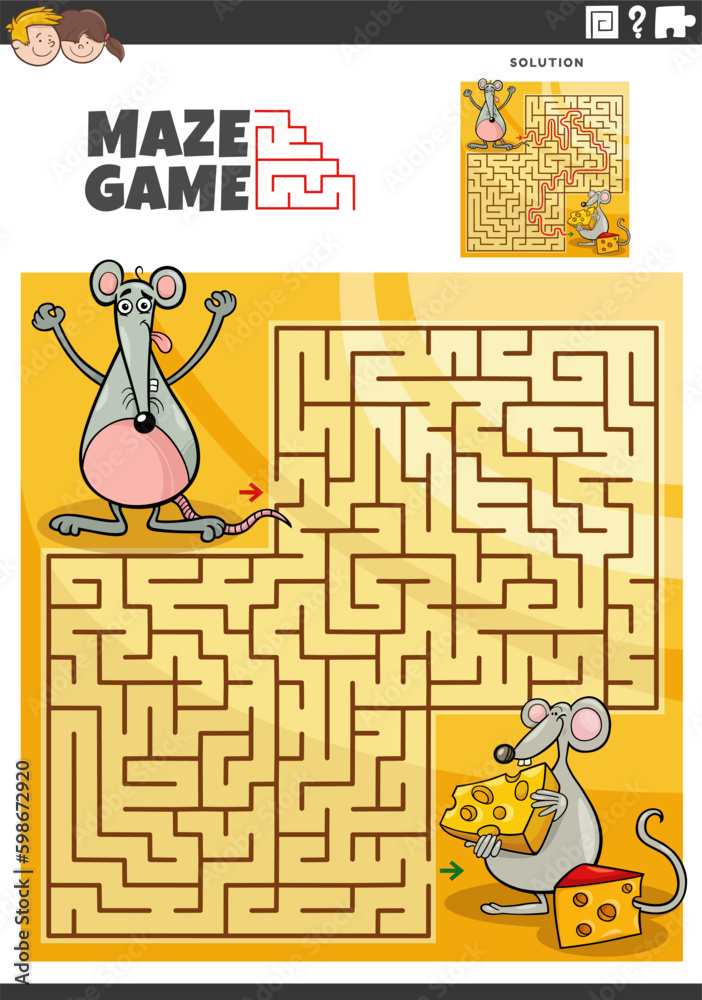 maze game activity with cartoon mice characters with cheese
