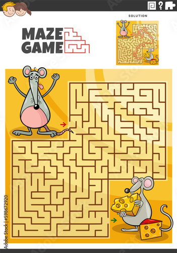 Obraz na płótnie maze game activity with cartoon mice characters with cheese w salonie