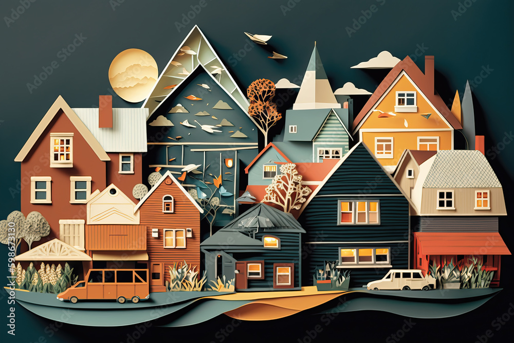 small town in paper cut style, ai generated small town in paper cut style, ai generated