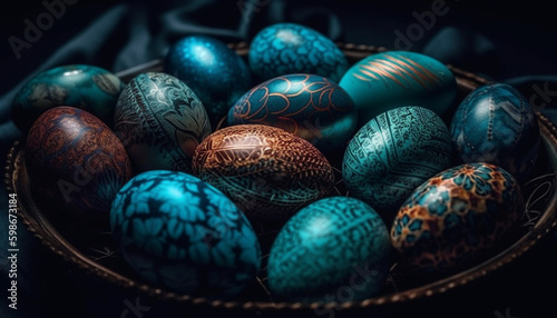 Ornate Easter eggs in vibrant colors glittering beautifully generated by AI