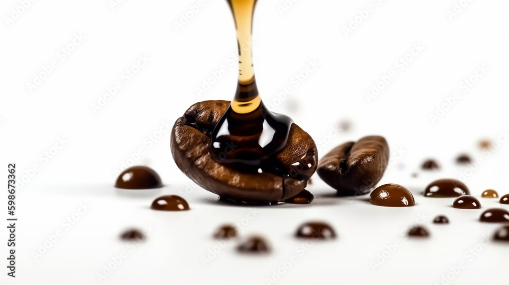 Drop of coffee dripping from coffee seed isolated on white background Ai generated image Drop of coffee dripping from coffee seed isolated on white background Ai generated image