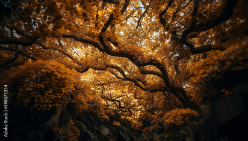 Dark autumn night, spooky tree trunk mystery generated by AI