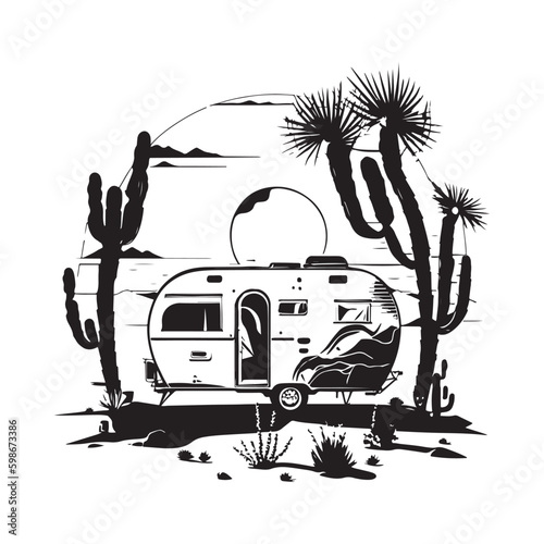 a traditional caravan vacation concept. Isolated on white background. Black in color. Picture drawn on a single line art.