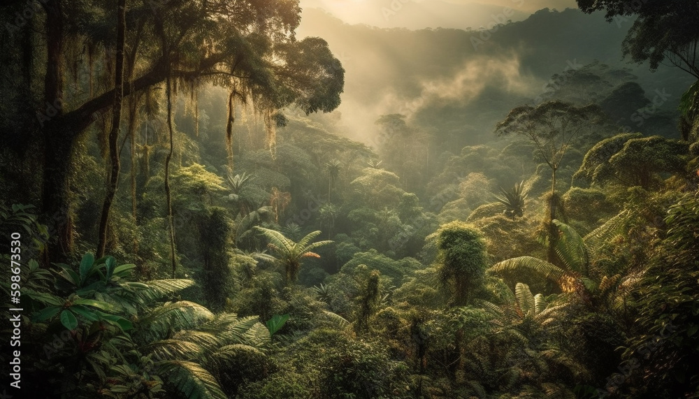 Tranquil scene of a tropical rainforest adventure generated by AI