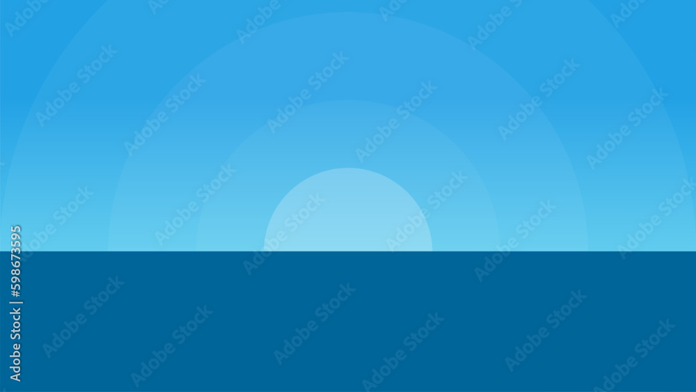 Fototapeta premium Abstract Background Sun Sunrise On Blue Background. Sky and Land Space. Shine Circle Wavy Vector Monotone BG. Comic Cartoon Backdrop Vector Design For Motion Graphic.