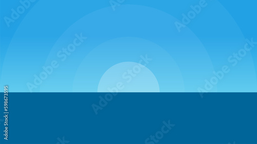 Abstract Background Sun Sunrise On Blue Background. Sky and Land Space. Shine Circle Wavy Vector Monotone BG. Comic Cartoon Backdrop Vector Design For Motion Graphic.