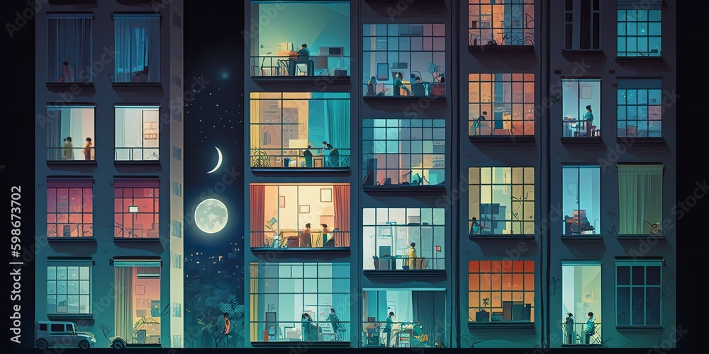 AI Generated. AI Generative. Cartoon game blender render mood illustration of moon and building with people. Graphic Art AI Generated. AI Generative. Cartoon game blender render mood illustration of moon and building with people. Graphic Art