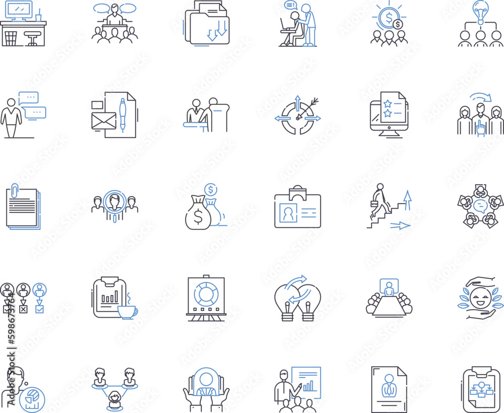 Project coordination line icons collection. Collaboration, Planning, Management, Teamwork, Communication, Accountability, Implementation vector and linear illustration. Generative AI