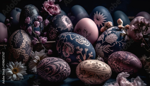 Ornate chocolate eggs decorate traditional springtime celebration generated by AI
