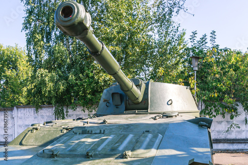 Soviet airborne tank. A small tank for quick action on the battlefield. Heavy gun on the turret of the tank. Armament of the army. Armored vehicles. photo