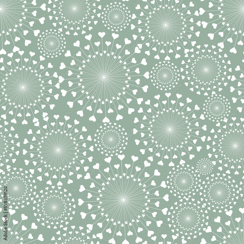 seamless repeat pattern with simple and beautiful heart shape motif giving a dandelion shape on a light sage green background perfect for fabric, scrap booking, wallpaper, gift wrap projects
seamless repeat pattern with simple and beautiful heart shape motif giving a dandelion shape on a light sage green background perfect for fabric, scrap booking, wallpaper, gift wrap projects