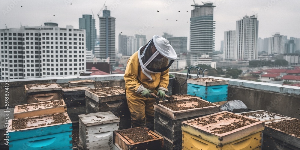 ภาพประกอบสต็อก Beekeeper tends to a rooftop apiary on a city building ...