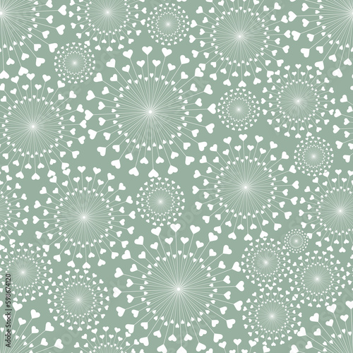seamless repeat pattern with simple and beautiful heart shape motif giving a dandelion shape on a light sage green background perfect for fabric, scrap booking, wallpaper, gift wrap projects 