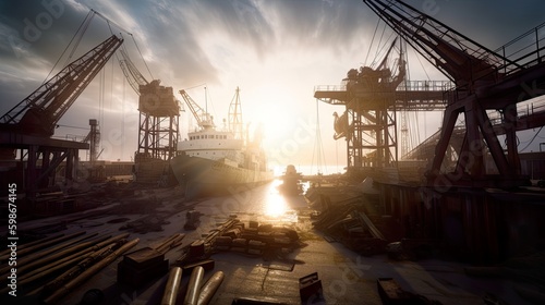 Abandoned shipyard, rusty damaged ships, cranes and mashinery, AI generative commercial dock, industrial landscape, sun flare
