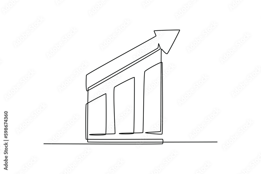 Single one line drawing bar chart and arrow up. Success business