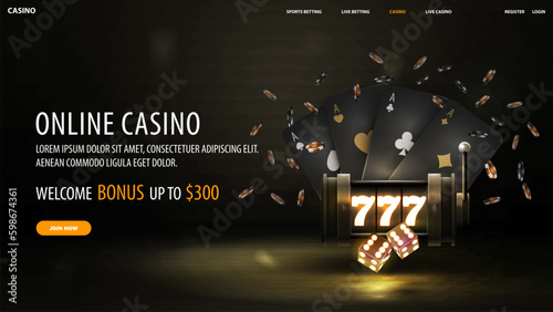 Online casino, welcome bonus, black banner with offer, neon slot machine, black playing cards, dice and poker chips on dark background