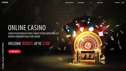 Online casino, welcome bonus, black banner with interface elements, neon gold slot machine, neon Casino Roulette, poker chips and playing cards on dark background