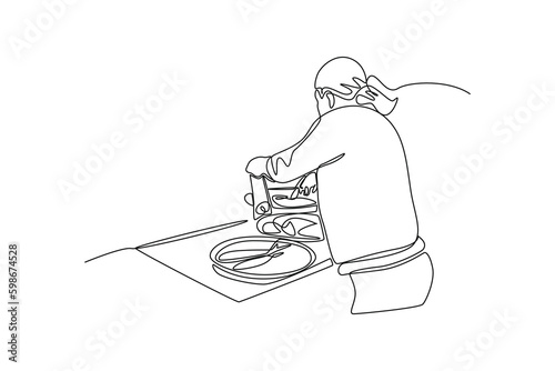 Continuous one line drawing fish seller in traditional market. Business activity concept in market. Single line draw design vector graphic illustration.
