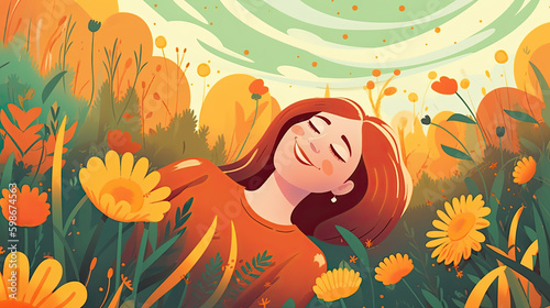 illustration of a young woman lying on green grass between colorful flowers. Generative AI