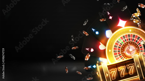 Dark poster with copy space, neon gold slot machine, neon Casino Roulette, poker chips and playing cards on dark background