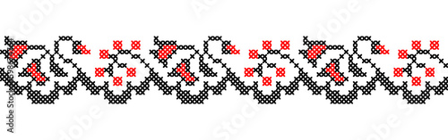 Ukrainian floral pattern in red and black colors. Vector ornament, border, pattern. Ukrainian folk, ethnic floral embroidery. Pixel art, vyshyvanka, cross stitch