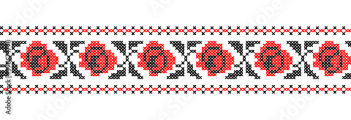 Ukrainian cross stitch roses pattern in red and black colors. Vector ornament, border, pattern. Ukrainian folk, ethnic floral embroidery. Pixel art, vyshyvanka, cross stitch