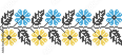 Ukrainian floral ornament in yellow and blue colors. Vector ornament, border, pattern. Ukrainian folk, ethnic floral embroidery. Pixel art, vyshyvanka, cross stitch
