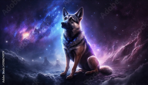 a brave and strong shepherd dog in space, galaxy theme, generative ai technology