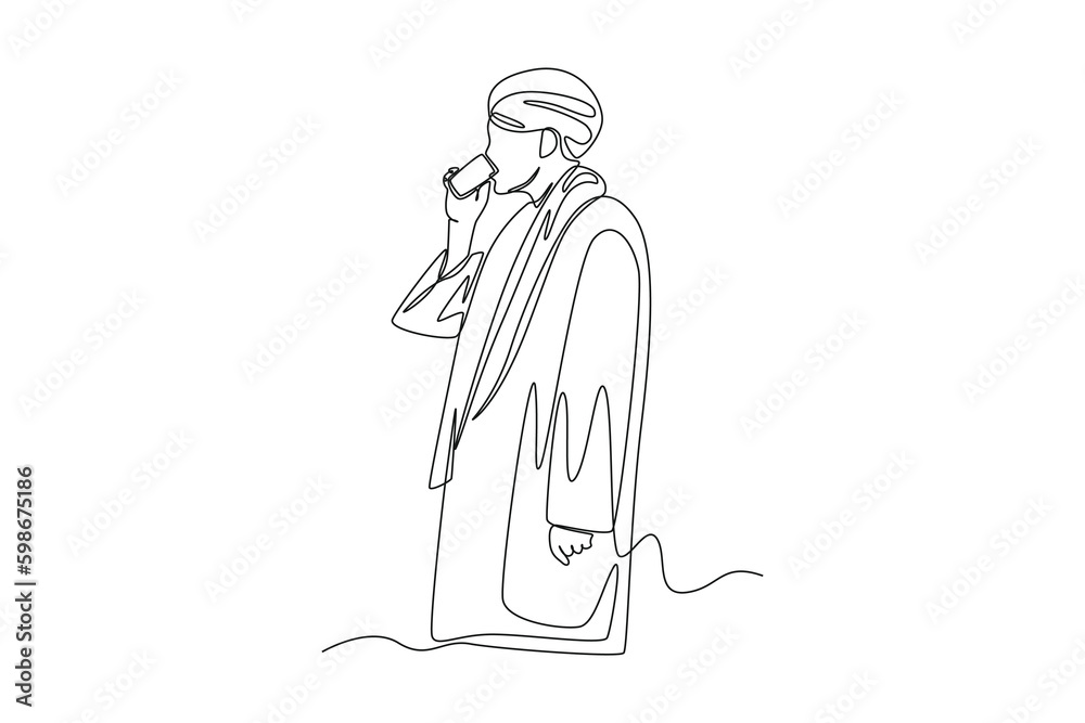 Continuous one line drawing a Muslim with his Ihram dress Drink zam zam water. Hajj and umrah concept. Single line draw design vector graphic illustration.
