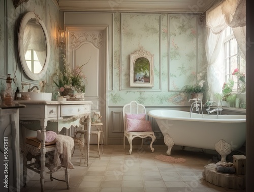 Romantic American Country Bathroom: Hand-Painted Pastels 1. Generative AI © NormanBalberan