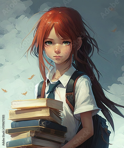 a cyoung anime girl holding books, generative ai technology photo