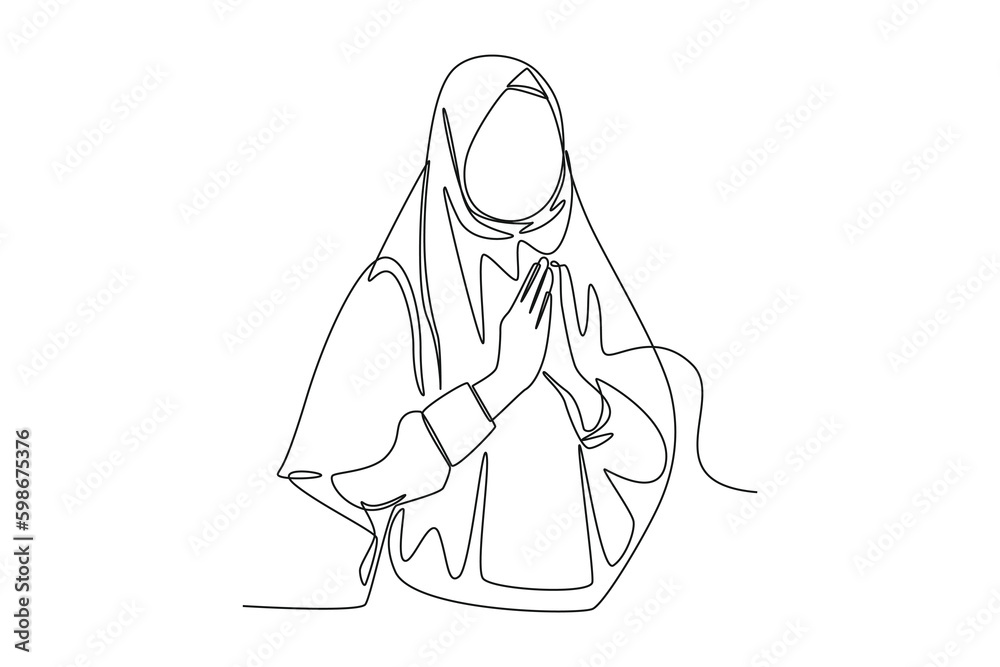 Continuous one line drawing muslim women's ihram clothing. Hajj and umrah concept. Single line draw design vector graphic illustration.