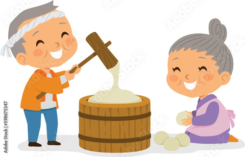 Mochi making in Japan. Elderly Japanese couple making traditional mochi rice cakes.