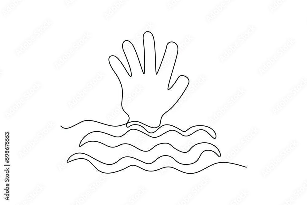 Continuous one line drawing drowning icon. SOS concept. Single line draw design vector graphic illustration. Continuous one line drawing drowning icon. SOS concept. Single line draw design vector graphic illustration.