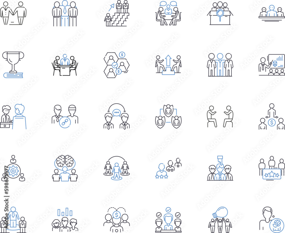 Office staff line icons collection. Productivity, Communication, Teamwork, Efficiency, Collaboration, Organization, Multitasking vector and linear illustration. Generative AI