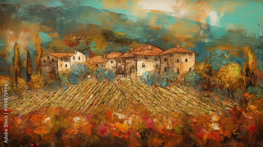 Vineyard charm, mediterranean landscape with farm in mountains, AI generative illustration