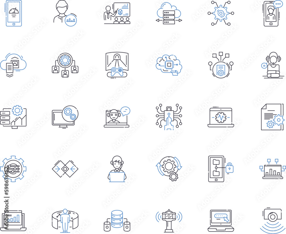 Modern technology line icons collection. Cybersecurity, Automation, Artificial intelligence, Cryptocurrency, Cloud computing, Virtualization, Nanotechnology vector and linear Generative AI