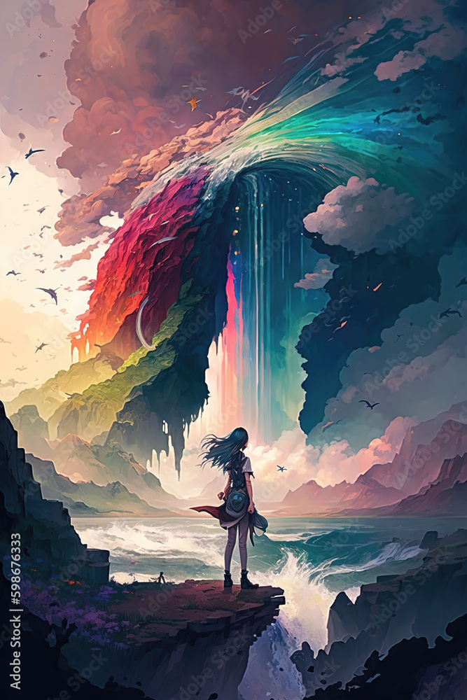 a colorful bright illustration of a lonely strong woman standing in front of a fantasy waterfall, generative ai technology