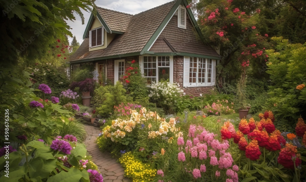  a house with a garden of flowers in front of it.  generative ai