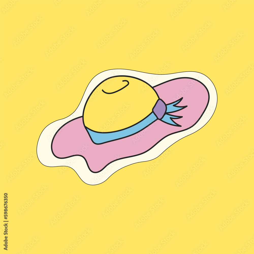 Sticker Hand-drawn cute tourist hat on a yellow background