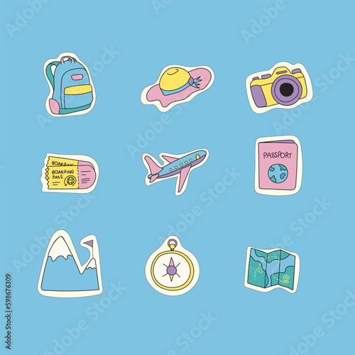 Set of 9 stickers for travel or hiking in the mountains or forest with a white border