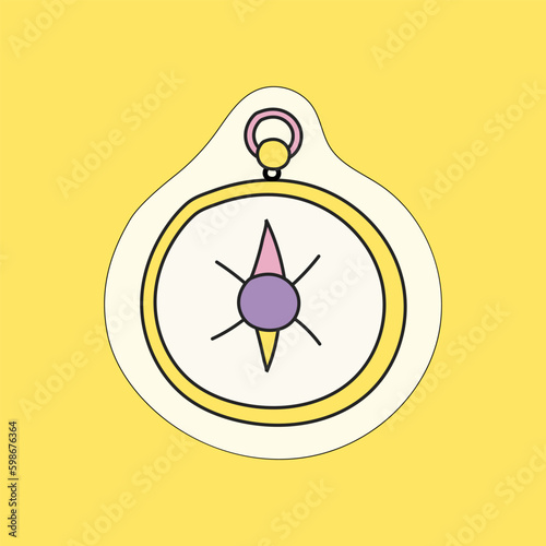 Sticker Hand-drawn cute travel compass on a yellow background