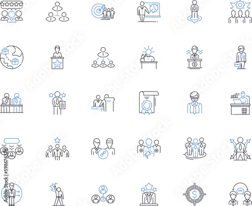 Management idea line icons collection. Strategy, Innovation, Leadership, Efficiency, Collaboration, Accountability, Adaptability vector and linear illustration. Generative AI