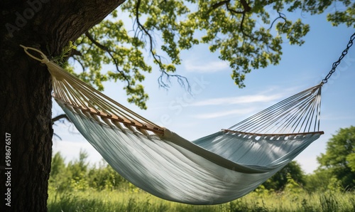  a hammock hanging from a tree in a field.  generative ai photo