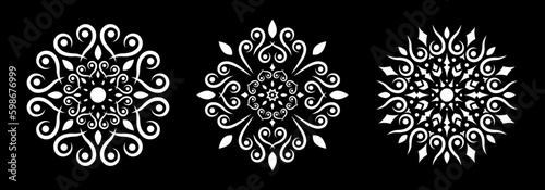Vintage round ornament design set. Circle abstract pattern with floral elements. Mandala. Circular decorative element in classic, retro style. Wedding, arabesque, oriental decor. Vector illustration.